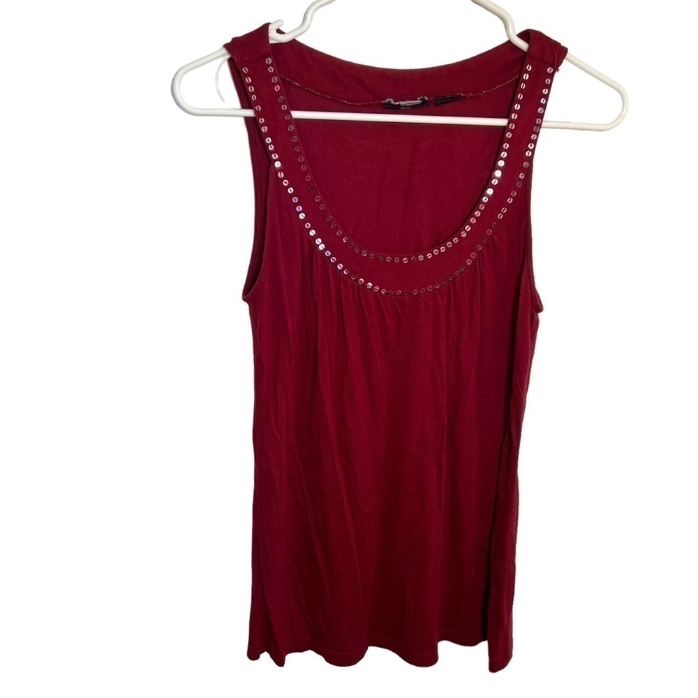 Women's Sleeveless Blouse Scoop Neck Burgundy Maroon Sequins Stretch Shell